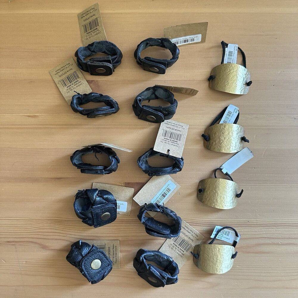 Creative Co-Op Leather & Hammered Brass Napkin Ring Holders 14pc Lot India NEW